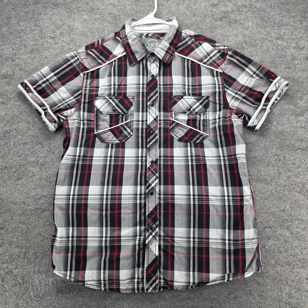 BKE Shirt Mens L Black Plaid Cotton Short Sleeve Button Up Pockets Regular Fit